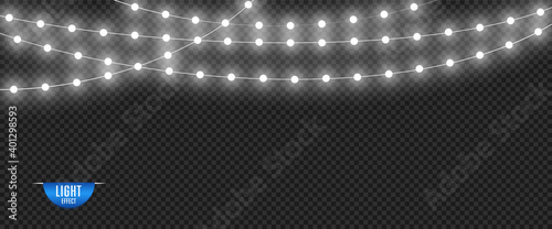 White glowing night lights, light bulbs. Christmas and new year lights. Vector overlay template on transparent isolated background.