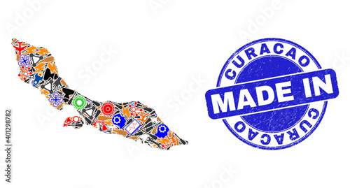 Engineering Curacao Island map mosaic and MADE IN distress rubber stamp. Curacao Island map abstraction designed with spanners,wheel,instruments,components,cars,electricity bolts,rockets.
