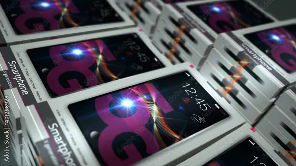5G Smartphone pack production line. New mobile smart phone packing and delivery. Abstract 3d rendering loopable seamless animation. Communication technology and electronic industry concept.