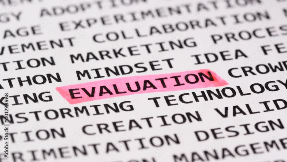 Word Evaluation highlighted with a pink marker. Highlighter among different Evaluation association terms