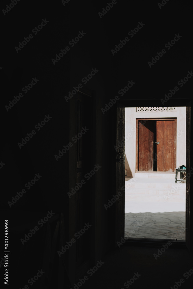 Traditional Arabic wooden carved door view form the inside