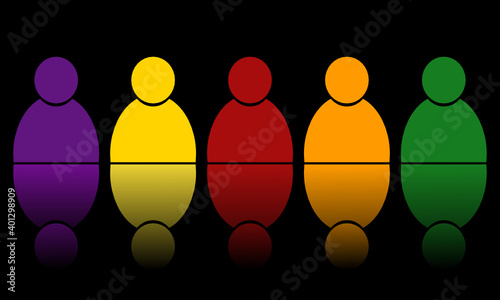 Fünf Personenfiguren in den Farben lila gelb rot orange und grün mit einer Spiegelung vor schwarzem Hintergrund