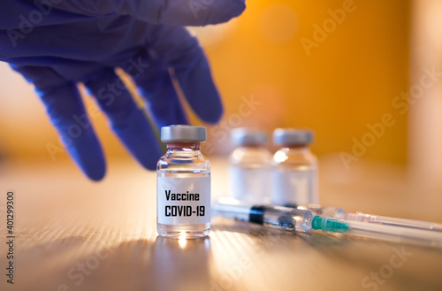 Coronavirus, Covid 19 virus, vaccine vial. Vaccine phial with transparent fluid for coronavirus covid-19. photo