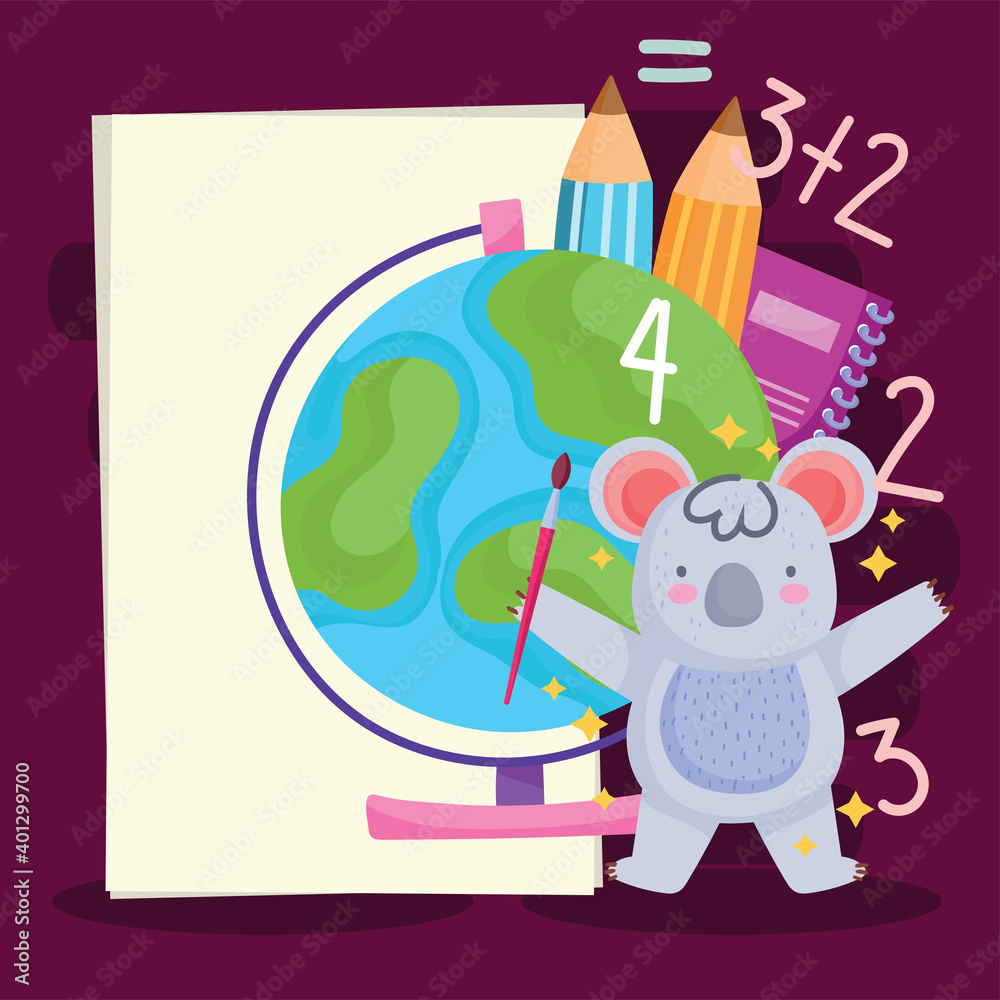 Fototapeta premium back to school cute koala with brush map pencils and book cartoon