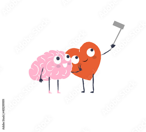 Cartoon Heart and Brain take selfie. Happy Valentines Day Design.