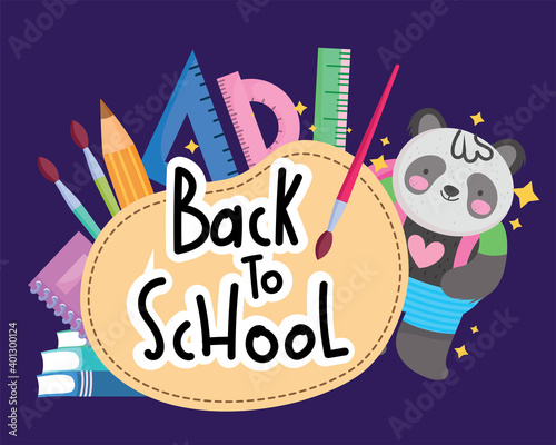 back to school little panda with backpack and supplies label design photo