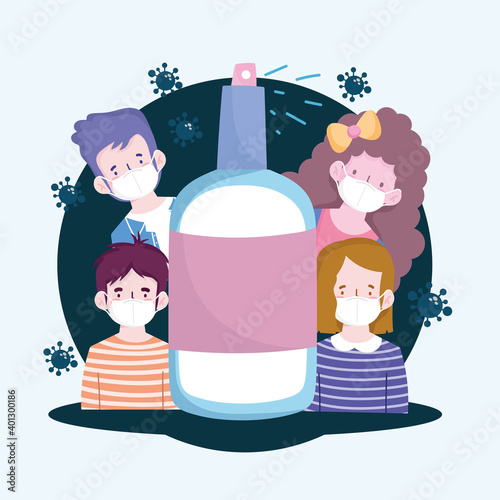 New normal people cartoons with masks and spray bottle vector design