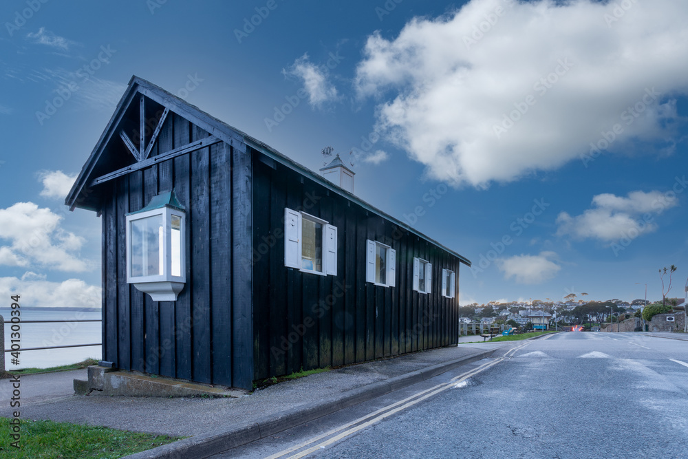 black wooden hut on Falmouth sea front cornwall England uk 