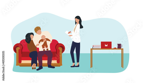 Consultation with a pediatric or family doctor, providing psychological and medical assistance, vector illustration in flat style