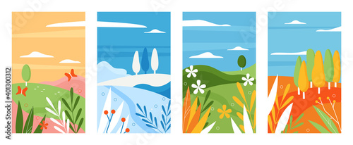 Minimalist nature season vector illustration set. Abstract natural landscape in vertical banners collection, summer winter spring autumn hills with colorful plants, flowers and leaves, sky with clouds