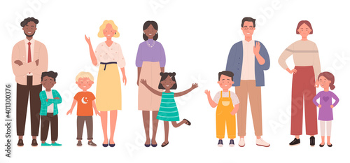 Family with kids vector illustration set. Cartoon parent people standing with children together, young father or mother with child son or daughter, happy parenthood, parental love isolated on white