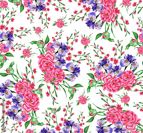 Flower pattern. Pink  bouquets peonies, irises on white  background. Idea for textiles, prints for clothes and other. Hand drawn. Watercolor. Illustration. 