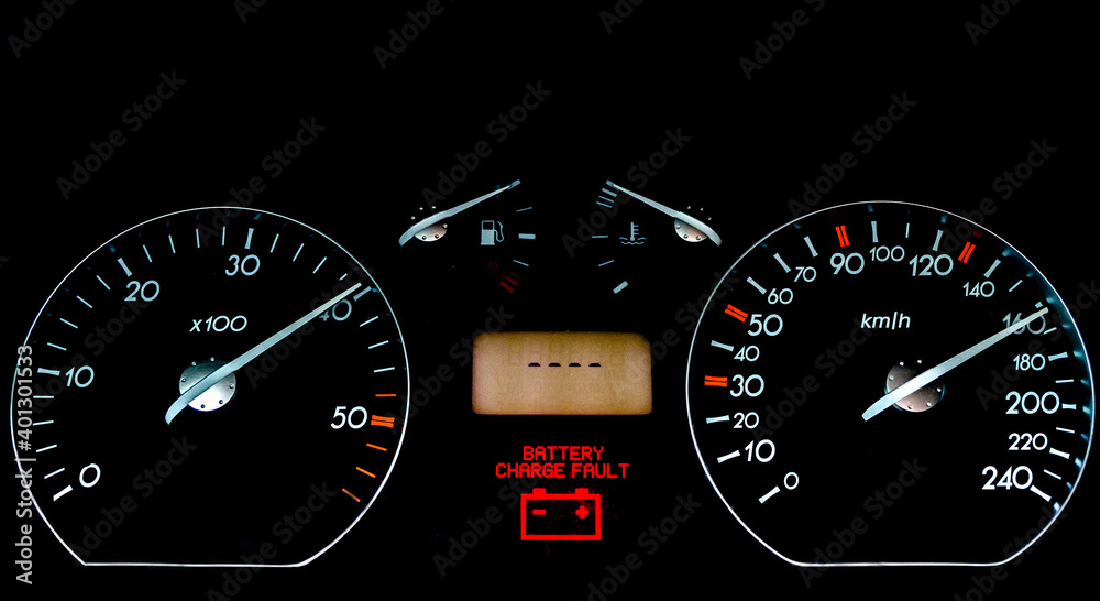 Fototapeta premium Car dashboard on a black surface. Car instrumental panel with warning signs and warnings. Car speedometer