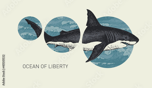 Hand-drawn banner with a big shark and circles with sea waves. Vector illustration on the theme of travel, adventure and discovery in retro style with the words Ocean of liberty on a light background