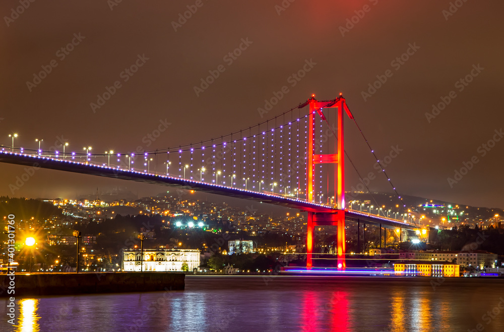 Night view of Bosphorus bridge with lights Istanbul, Turkey