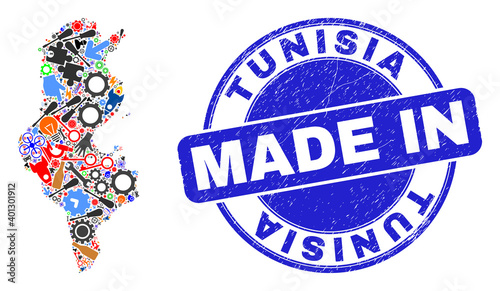 Production mosaic Tunisia map and MADE IN grunge rubber stamp. Tunisia map abstraction composed with spanners,cogs,screwdrivers,components,transports,power strikes,details.