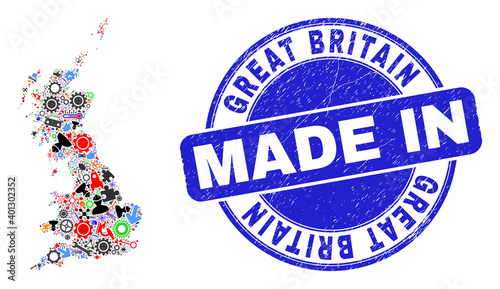 Technical mosaic Great Britain map and MADE IN grunge rubber stamp. Great Britain map mosaic designed with spanners,wheels,screwdrivers,,keys,transports,electricity sparks,bugs.