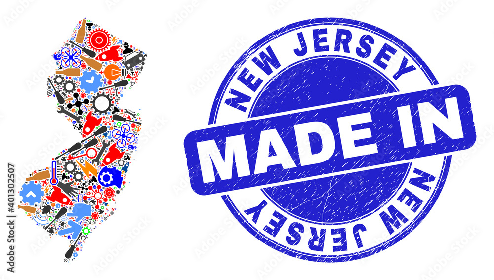 Technical New Jersey State map mosaic and MADE IN scratched stamp. New Jersey State map collage formed with wrenches,cogs,screwdrivers,items,cars, electric bolts,rockets.