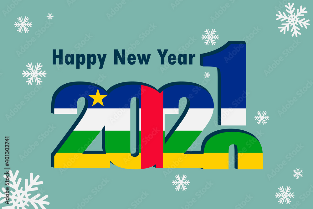 New year's card 2021. Depicted: an element of the flag of the Central African Republic, a festive inscription and snowflakes. It can be used as a promotional poster, postcard, flyer, invitation, or we - obrazy, fototapety, plakaty 