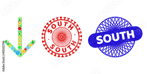 Arrow down mosaic of New Year symbols, such as stars, fir-trees, color round items, and SOUTH unclean stamp seals. Vector SOUTH seals uses guilloche pattern, designed in red and blue variants. Stars,