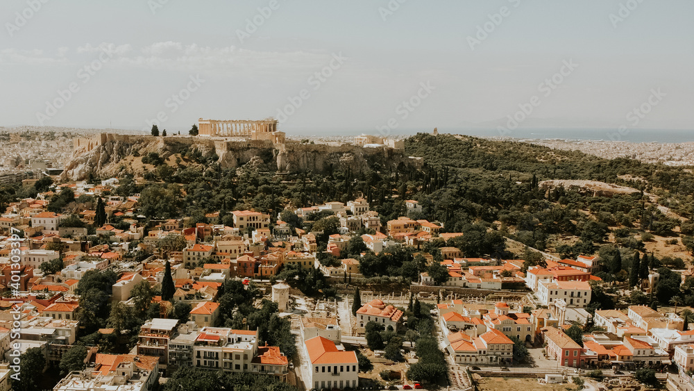 Aerial drone view of Historic Parthenon Temple on Acropolis Hill in Athens,Greece.