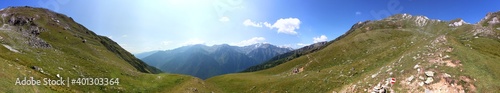 Panoramic view of Martell valley and Göflaner Schartl pass on a mountain ridge in the Alps in South Tyrol