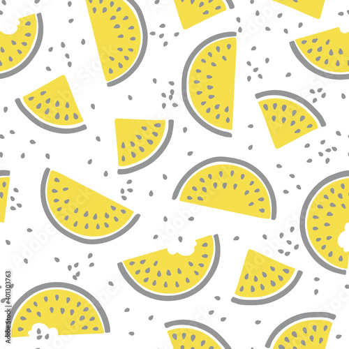Seamless vector pattern with watermelon slices in trendy 2021 colors - utterly gray and glowing. Yellow-gray slices of watermelon, bitten off pieces and seeds on a white background. Cute illustration