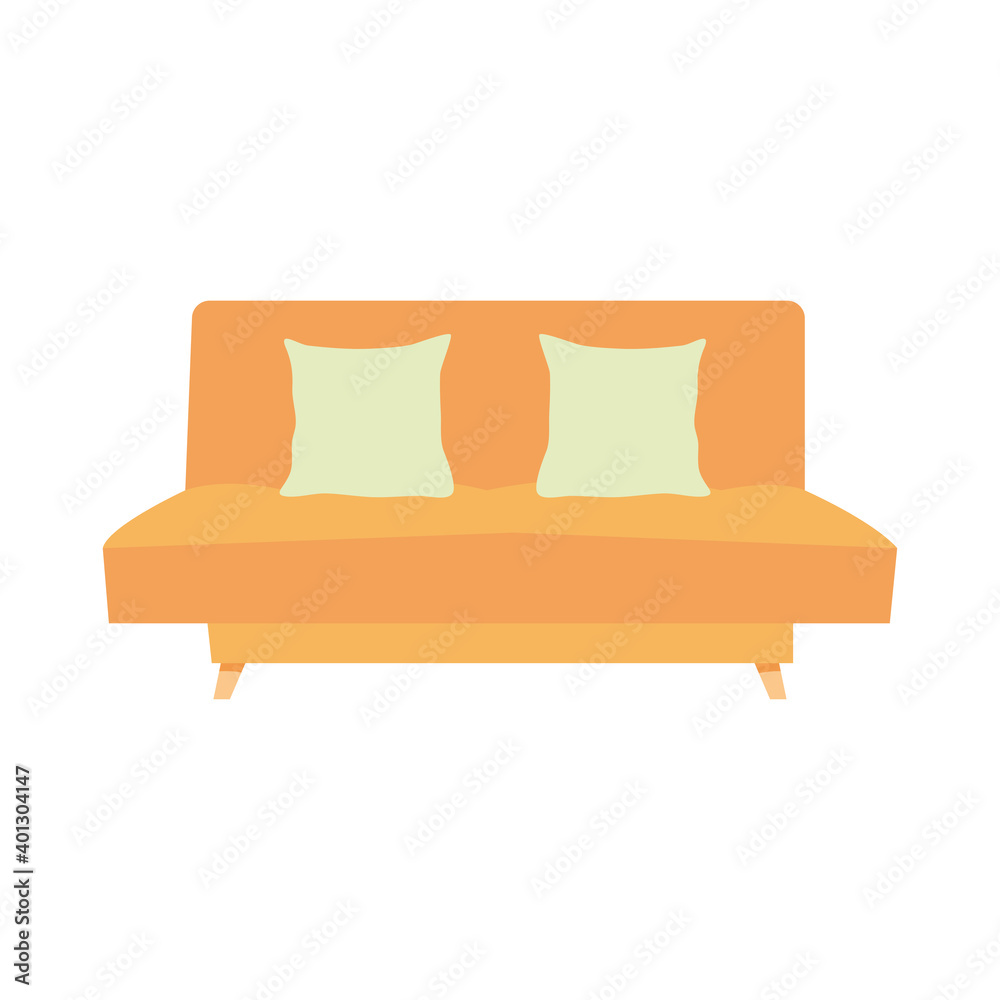orange couch with green cushions, colorful design
