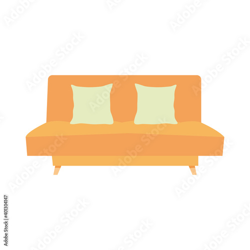 orange couch with green cushions, colorful design