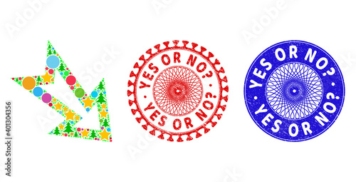 Arrow right down collage of New Year symbols, such as stars, fir trees, colored spheres, and YES OR NO? rubber watermarks. Vector YES OR NO? watermarks uses guilloche ornament,