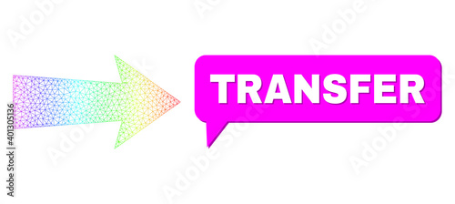 Transfer and arrow right composition. Spectrum colored mesh arrow right, and chat Transfer bubble message. Chat colored Transfer cloud has shadow.
