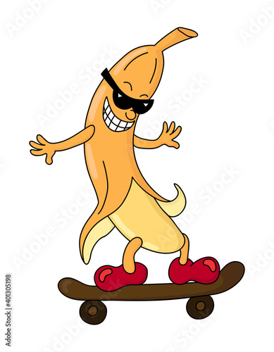 Funny smiling kawaii stripping banana with sunglasses and skateboard in doodle style. Isolated colored cheerful vector illustration	