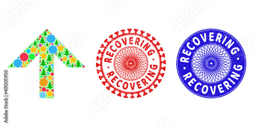 Arrow up composition of New Year symbols, such as stars, fir trees, colored round items, and RECOVERING grunge stamps. Vector RECOVERING watermarks uses guilloche pattern,