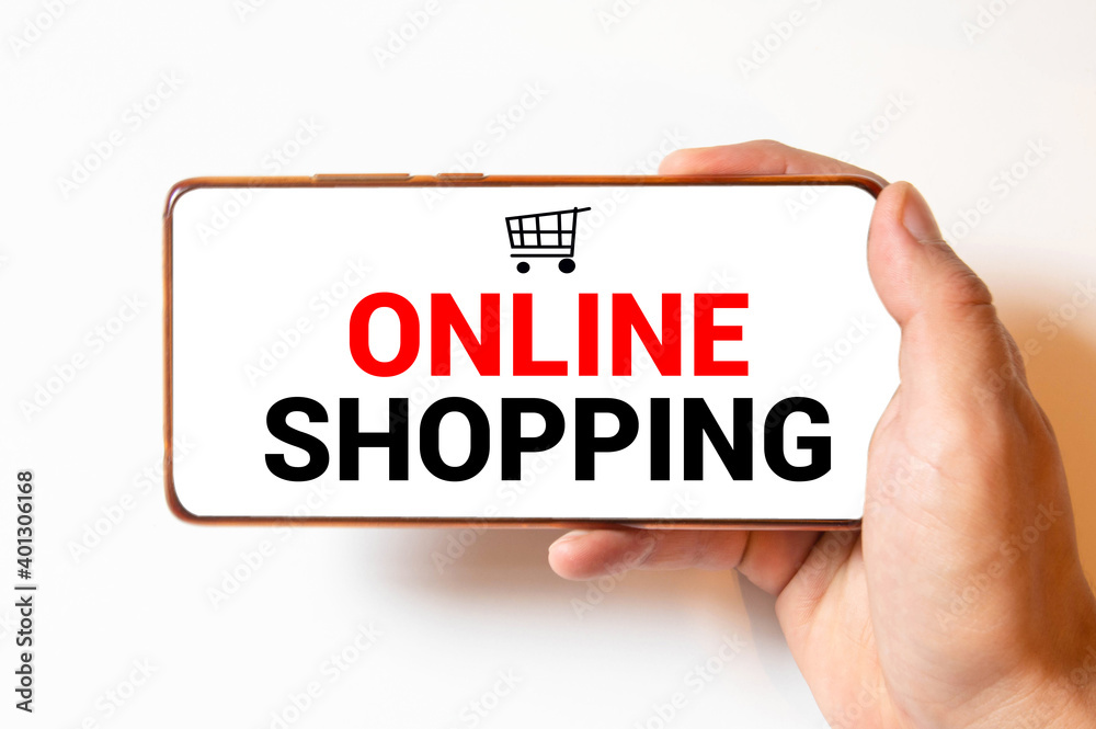 Online shopping text on smartphone screen Online shopping text on smartphone screen