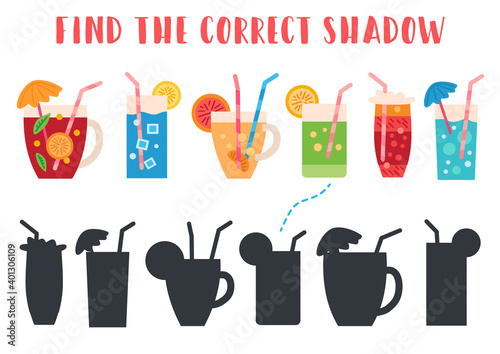 Find the correct shadow. Educational matching game for children. Kids learning game. Preschool worksheet activity. Cartoon drinks, cocktails