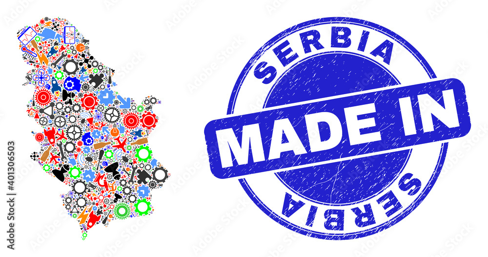 Technical mosaic Serbia map and MADE IN scratched rubber stamp. Serbia map abstraction created with wrenches,wheel,instruments,elements,cars, electric bolts,details. Technical mosaic Serbia map and MADE IN scratched rubber stamp. Serbia map abstraction created with wrenches,wheel,instruments,elements,cars, electric bolts,details.