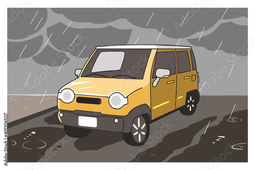 道路　雨　軽自動車