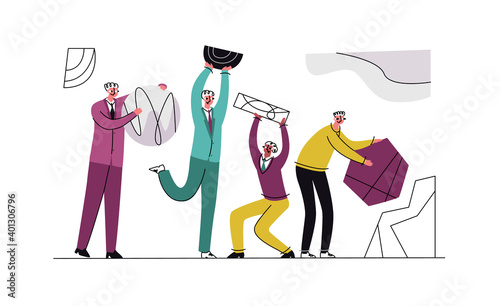 Abstract flat vector illustration metaphor with concept of collaboration, partnership and solving problems together. Colleagues are shown assembling an abstract figure. Business communication.