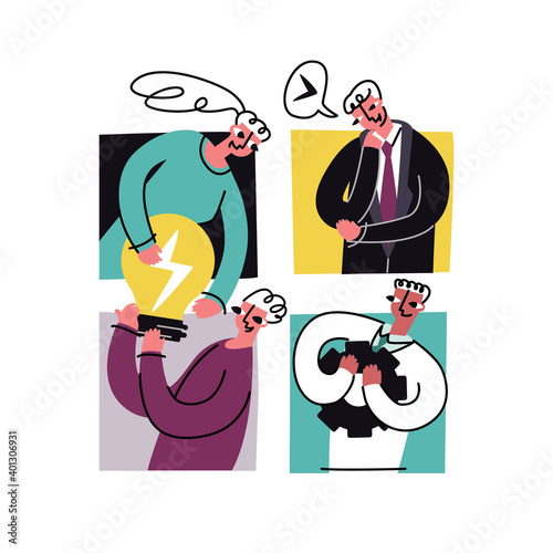 Vector flat abstract illustration with concept working together, solving problems together, working team. People are depicted exchanging symbols of success, work on background of abstract window.