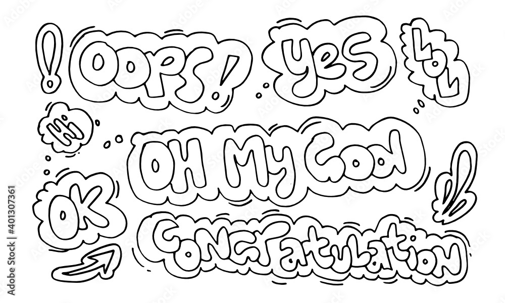 Lettering poster with quote about oops,yes,lol,hi,oh my god,ok and congratulation.Calligraphic banner and t shirt print. Lettering poster with quote about oops,yes,lol,hi,oh my god,ok and congratulation.Calligraphic banner and t shirt print.