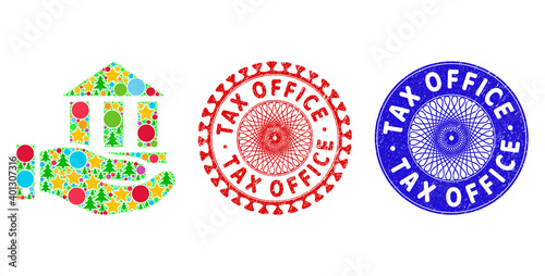 Bank service composition of Christmas symbols, such as stars, fir trees, multicolored circles, and TAX OFFICE rough watermarks. Vector TAX OFFICE watermarks uses guilloche ornament,