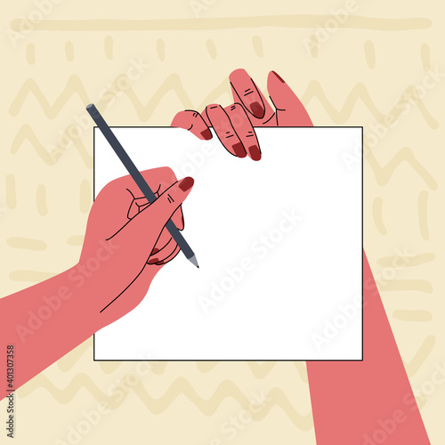 Vector illustration with image writing hands on abstract background and empty space for text on sheet of paper.