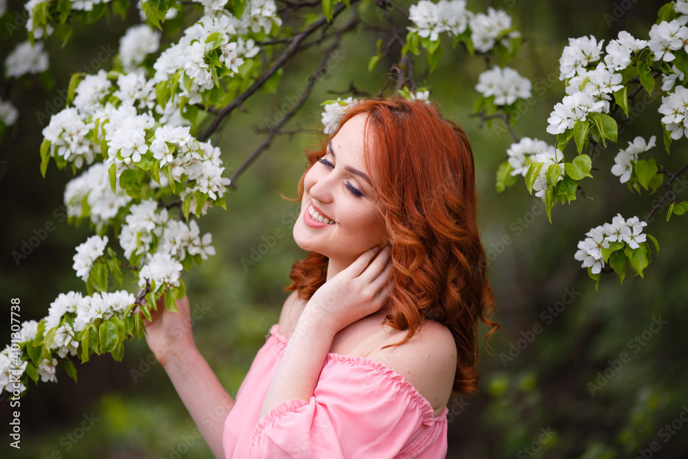 Young woman in romantic long pink dress in a blooming apple garden. Wind is hairs. Spring story. Red-haired girl smiles and plays with her hairs. 