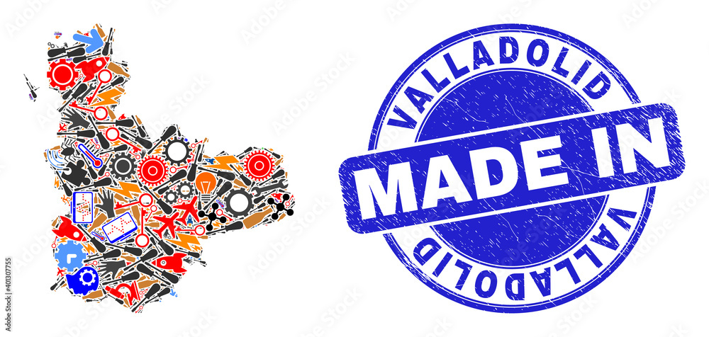 Technical Valladolid Province map mosaic and MADE IN scratched seal. Valladolid Province map mosaic designed with wrenches,cogs,instruments,components,cars,power bolts,rockets.