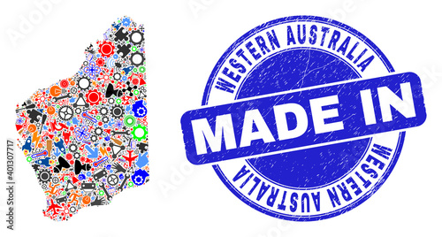 Industrial Western Australia map mosaic and MADE IN textured seal. Western Australia map mosaic created from wrenches, gearwheels,instruments,,keys,vehicles,power sparks,details.
