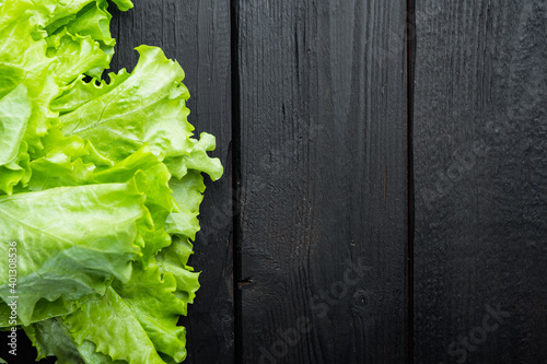 Fesh green lettuce salad leaves, on black wooden table with copy space for text