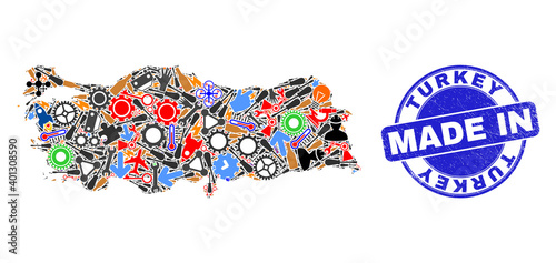 Development Turkey map mosaic and MADE IN textured rubber stamp. Turkey map mosaic designed with wrenches,cogs,instruments,elements,transports,electricity sparks,details.