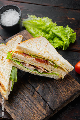 Classic club sandwich, on dark wooden background