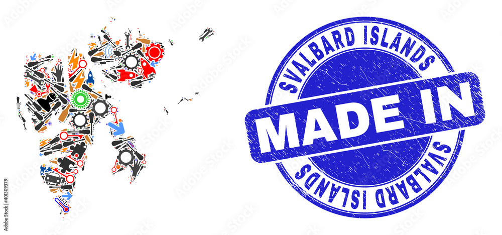 Technical Svalbard Islands map mosaic and MADE IN distress stamp. Svalbard Islands map mosaic composed with wrenches,wheel,instruments,,keys,airplanes,aircrafts,air planes,aviation symbols, Technical Svalbard Islands map mosaic and MADE IN distress stamp. Svalbard Islands map mosaic composed with wrenches,wheel,instruments,,keys,airplanes,aircrafts,air planes,aviation symbols,