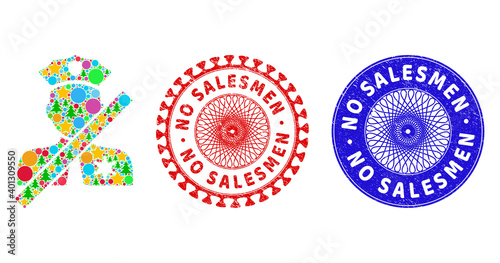 Closed police officer collage of Christmas symbols, such as stars, fir-trees, colored round items, and NO SALESMEN rough stamp imitations. Vector NO SALESMEN stamps uses guilloche ornament,